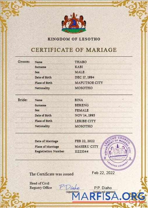 Realistic Lesotho marriage certificate PSD template